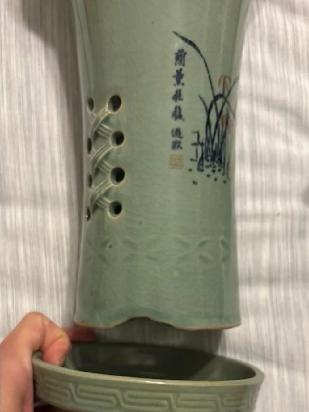 Vintage Chinese Celadon Orchid Pot Crackle Glaze Openwork Tall Cymbidium Planter